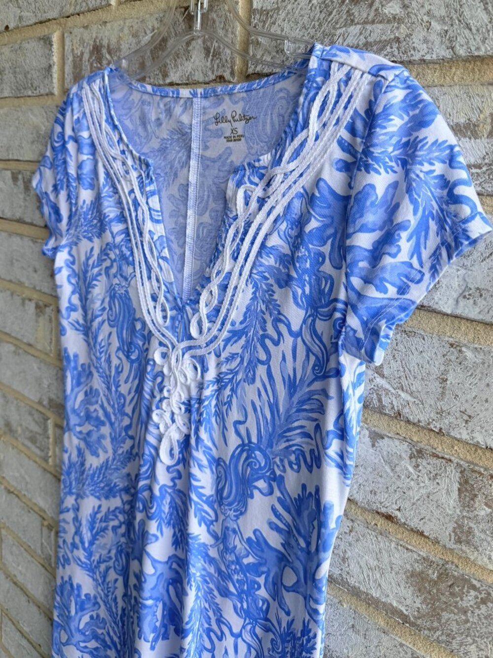 Lilly Pulitzer Short Sleeve Split V-Neck Resort White Aqua Lounge Dress Size XS - Picture 6 of 8